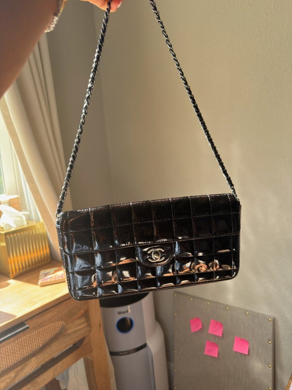 **Chanel Vintage Chocolate Bar Patent Leather Shoulder Bag – $1,600**